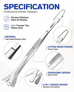 Fine Long Tweezers Tongs Professional Black, 10-Inch Stainless Steel for Kitchen, Food, Cooking, Repairing, Sea food and BBQ (SILVER)