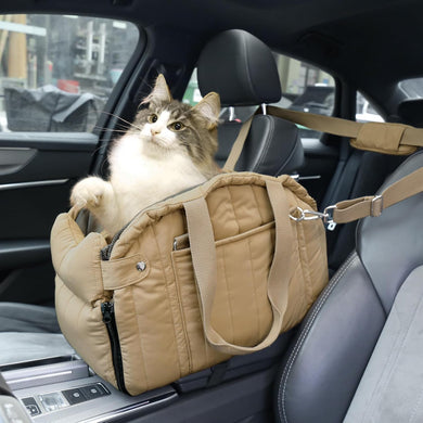 Outamateur Console Dog Car Seat,Dog Booster Seats for Small Dogs,Pet Cat Booster Car Seat on Car Armrest with Safety Cord and Storage Pocket for Small Dog Cat Puppy Under 11lbs (Khaki), Brown, Gray