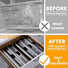Load image into Gallery viewer, SpaceAid WrapNeat 3 in 1 Wrap Organizer with Cutter and Labels, Plastic Wrap, Aluminum Foil and Wax Bamboo Dispenser for Kitchen Storage Organization Holder for 12&quot; Roll (Natural)