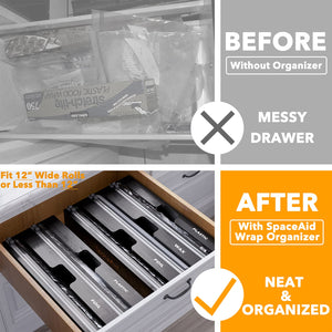 SpaceAid WrapNeat 3 in 1 Wrap Organizer with Cutter and Labels, Plastic Wrap, Aluminum Foil and Wax Bamboo Dispenser for Kitchen Storage Organization Holder for 12" Roll (Natural)