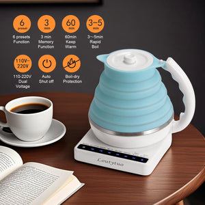 Ultrathin Food Grade Silicone Travel Foldable Electric Kettle Variable Temperature Control with Dual Voltage, Auto Shutoff & Boil Dry Protection & Keep Warm, 555ML 110-220V US Plug (Black)