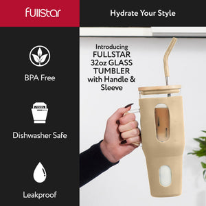fullstar Glass Cups with Lids and Straws - Drinking Glasses, Glass Tumbler with Straw and Lid, Iced Coffee Cup with Bamboo Lids (Nude, 1 Pack)