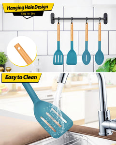 Pack of 4 Silicone Cooking Utensils Set, Non Stick Solid Spatulas and Heat Resistant Slotted Spoons with Wooden Handle, Ideal Wood Kitchen Utensils Set for Frying,Serving,Turning,Stirring (KHAKI)