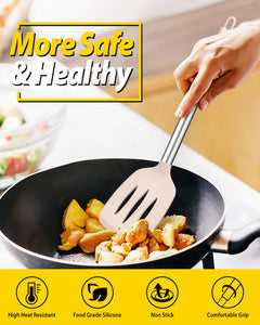Pack of 4 Silicone Cooking Utensils Set, Non Stick Large Solid Spatulas, Heat Resistant Black Slotted Spoons, Ideal BPA Free Kitchen Turners for Frying, Mixing,Serving,Draining,Turning,Stirring
