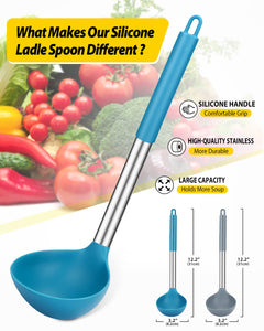 Pack of 2 Ladle Spoon,Silicone Large Spoon for Soup,Non Stick Kitchen Utensils with High Heat Resistant,BPA Free Perfect Kitchen Tools for Cooking, Stirring,Serving Soups (GREY-BLUE)