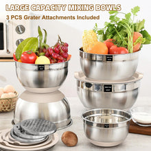 Load image into Gallery viewer, Umite Chef Mixing Bowls with Airtight Lids Set, 8PCS Stainless Steel Khaki Nesting Bowls with Grater Attachments, Kitchen Bowls with Non-Slip Bottoms, Size 5, 4, 3.5, 2, 1.5QT for Mixing &amp; Serving