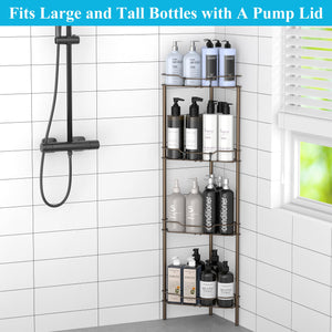 4 Tier Floor Standing Corner Shower Caddy Organizer Shelf with Hooks, Bathroom Shelves Stand Rack, Black