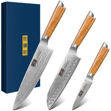 Load image into Gallery viewer, Damascus Kitchen Knife Set 3-Piece, Ultra Sharp 8&quot; Chef Knife, 7&quot; Santoku Knife, 3.75&quot; Paring Knife, Professional VG-10 Damascus Super Steel Chef Knife Set with Ergonomic Handle