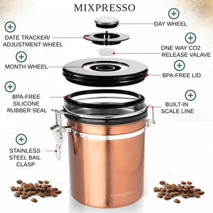Mixpresso Green Coffee Canister, 16oz Airtight Stainless Steel Kitchen Food Storage Container with Clear Lid and Spoon. for Grounds Coffee, Beans, Tea, Flour, Cereal, Vacuum Sealed Sugar Container
