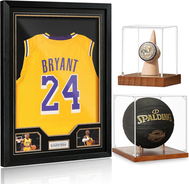 JupDec Jersey Frame & & Basketball & Championship Ring Display Case, Large Clear Acrylic Shadow Box with UV Protection Wooden Showcase, Idea Gift for Sports Fans