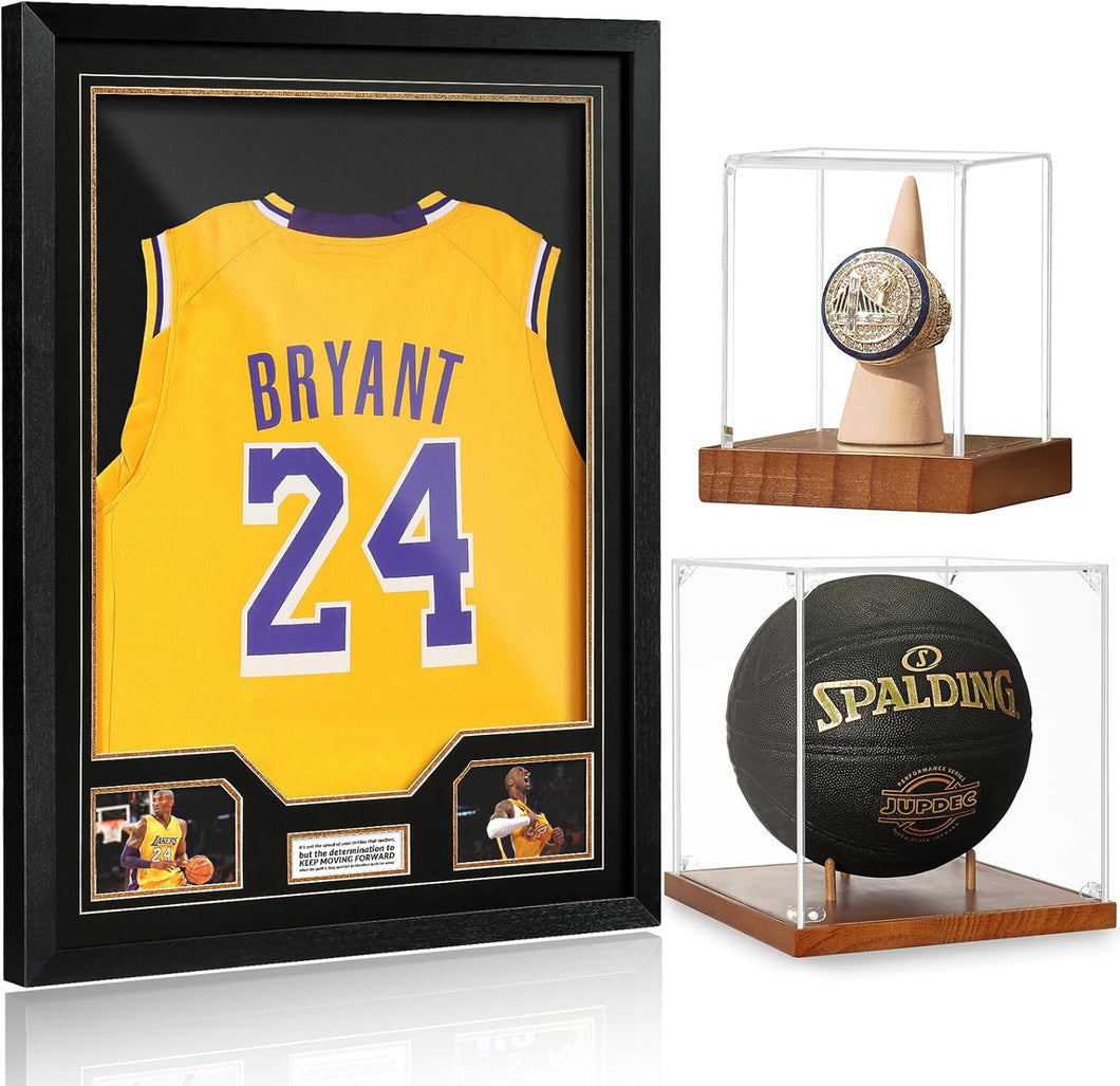 JupDec Jersey Frame & & Basketball & Championship Ring Display Case, Large Clear Acrylic Shadow Box with UV Protection Wooden Showcase, Idea Gift for Sports Fans