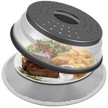 Load image into Gallery viewer, 10 Inch Microwave Food Cover &amp; Collapsible Silicone Mat - Splatter Guard, Plate Holder &amp; Kitchen Colander for Meal Prep, Charcoal