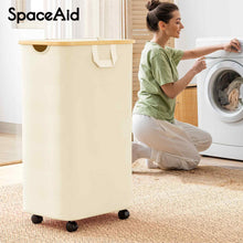 Load image into Gallery viewer, SpaceAid Laundry Hamper with Lid, 110L Large Tall Clothes Basket Bin with Bamboo Handles, Collapsible Laundry Hamper for Bedroom, Bathroom, Dorm, Laundry Room - Black