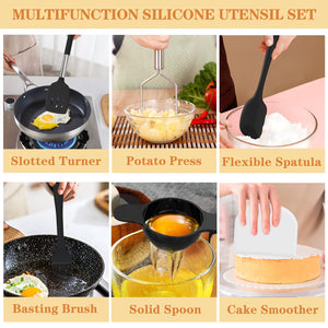 Silicone Cooking Utensil Set, Umite Chef 43 PCS Heat Resistant Kitchen Utensil Gadgets Set-Stainless Steel Handle- Kitchen Spatula Tools for Nonstick Cookware, Pots and Pans Accessories (Khaki)