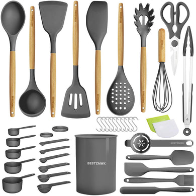 Kitchen Cooking Utensils Set, 39 pcs Non-Stick Silicone Cooking Kitchen Utensils Spatula Set with Holder, Wooden Handle Silicone Kitchen Gadgets Utensil Set (Khaki)