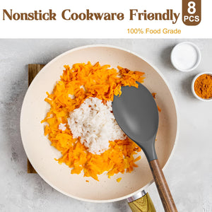 Silicone Cooking Utensil Set, Umite Chef 8-Piece Kitchen Utensils Set with Natural Acacia Wooden Handles,Food-Grade-Silicone Kitchen Gadgets Spatulas Set for Nonstick Cookware- Black