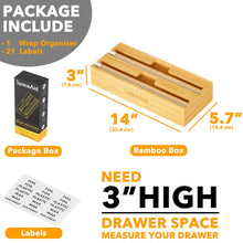 Load image into Gallery viewer, SpaceAid WrapNeat 3 in 1 Wrap Organizer with Cutter and Labels, Plastic Wrap, Aluminum Foil and Wax Bamboo Dispenser for Kitchen Storage Organization Holder for 12&quot; Roll (Natural)