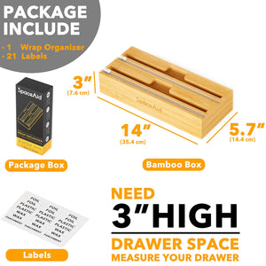 SpaceAid WrapNeat 3 in 1 Wrap Organizer with Cutter and Labels, Plastic Wrap, Aluminum Foil and Wax Bamboo Dispenser for Kitchen Storage Organization Holder for 12" Roll (Natural)