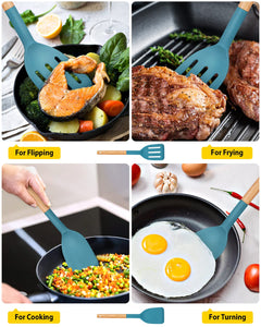 Pack of 2 Silicone Cooking Spatula, Heat Resistant Solid Turner, Non Stick Slotted Spatulas with Wooden Short Handle,Ideal Wood Kitchen Utensils Set for Frying, Baking, Flipping, Turning