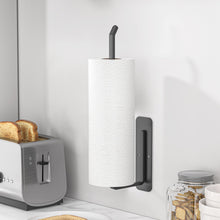 Load image into Gallery viewer, Paper Towel Holder Under Cabinet - Both Available in Adhesive and Drilling - Black Paper Towel Holder Wall Mount - Upgraded Aluminum Paper Towel Rack for Kitchen, Bathroom