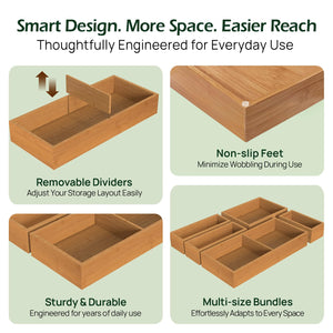 5-Piece Bamboo Drawer Organizer Set, 2.2" Deep | Multi-Use Organizers with Non-Slip Feet for Utensils, Silverware, Cutlery, Desk, Bathroom, Junk Drawer & Makeup, Non-Slip Feet Included.