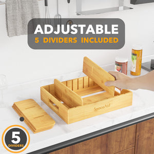 SpaceAid Bamboo Lid Organizer, Kitchen Pantry Lids Holder with 5 Adjustable Dividers for Cabinets, Food Storage Container Organizers, Natural