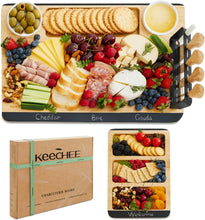 Load image into Gallery viewer, Charcuterie Board Gift Set: Large Bamboo Cheese Board with Chalkboard Edge &amp; Forks - Ideal for Housewarming, Weddings, Bridal Showers, and Unique Gifts for Mom