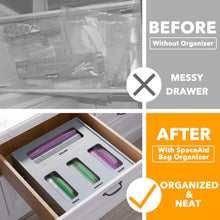 Load image into Gallery viewer, SpaceAid Bag Storage Organizer for Kitchen Drawer, Bamboo Organizer, Compatible with Gallon, Quart, Sandwich and Snack Variety Size Bag (1 Box 4 Slots)