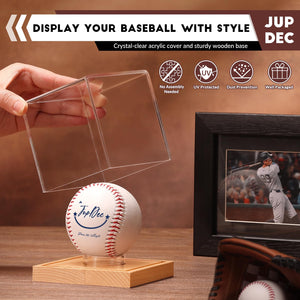 JupDec Baseball Display Case, Clear Cube Baseball Holder with Wooden Base, Autograph Baseball Stand Box for Single Ball, Acacia Wood, Black, 1 Pack