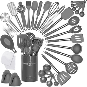 Umite Chef Silicone Kitchen Cooking Utensil Set, 43 pcs Spatula Set with Stainless Steel Handle, Non-stick Heat Resistant - Best Cookware Set-(Khaki)