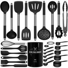 Load image into Gallery viewer, Silicone Kitchen Utensils Set, Umite Chef Large Heat Resistant Cooking Utensil, 26Pcs Silicone Spatulas Set, Stainless Steel Handle, Black Kitchen Gadgets Tools Set for Nonstick Cookware