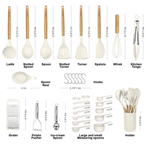 Kitchen Cooking Utensils Set,29 pcs Non-Stick Silicone Cooking Kitchen Utensils Set with Holder, Wooden Handle Silicone Kitchen Gadgets Utensil Set Spatula Turner Spoon Tongs Whisk (White)