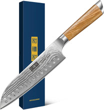 Load image into Gallery viewer, Damascus Santoku Knife 7 Inch, Professional Japanese Damascus Super Steel Kitchen Knife, Sharp Cooking Knife with Durable Ergonomic Olive Wood Handle
