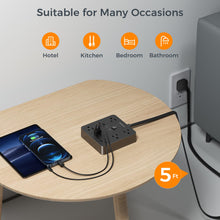 Load image into Gallery viewer, Black Surge Protector Power Strip, TESSAN Flat Plug Extension Cord 5 FT with 6 Outlets 3 USB Charger (1 USB C), 1700J Protection Multiple Outlets Charging Station for Home, Office, College Dorm Room