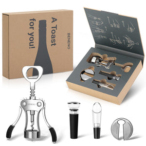Beneno Wine Opener, Zinc Alloy Premium Wing Corkscrew with Multifunctional Bottles Opener, Sharp Wine Corkscrew with Ergonomic Non-Slip Wing Handle, Upgrade