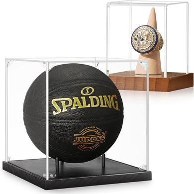 JupDec Basketball & Championship Ring Display Case, Large Clear Acrylic Shadow Box with UV Protection Wooden Showcase, Idea Gift for Sports Fans