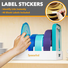 Load image into Gallery viewer, SpaceAid Bamboo Lid Organizer, Kitchen Pantry Lids Holder with 5 Adjustable Dividers for Cabinets, Food Storage Container Organizers, Natural