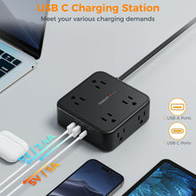 Load image into Gallery viewer, Surge Protector Flat Extension Cord Flat Plug Power Strip, 8 AC Outlets, 3 USB Charger(1 USB C Port) 3-Sided Outlet Extender, 5 Ft, 900 Joules Protection, Office Supplies, Dorm Room Essentials, Grey