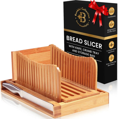 Bread Slicer for Homemade Bread - Bamboo Bread Cutter with Knife, Foldable Slicing Guide, Crumb Tray - Compact Bread Loaf Slicer for Cakes, Bagels, Loaves - Kitchen Gadget & Gifts by Bambüsi