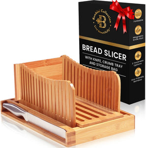 Bamboo Bread Slicer with Crumb Tray & Knife – 3 Slice Thickness Options, Foldable Storage, 10” Ultra Sharp Stainless Steel Bread Knife with Ergonomic Handle – Sourdough & Cake Cutter Set