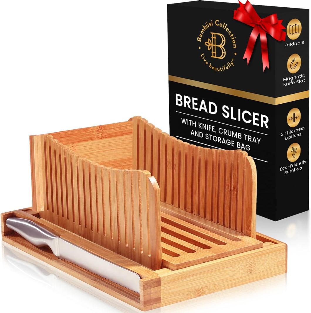 Bread Slicer for Homemade Bread - Bamboo Bread Cutter with Knife, Foldable Slicing Guide, Crumb Tray - Compact Bread Loaf Slicer for Cakes, Bagels, Loaves - Kitchen Gadget & Gifts by Bambüsi