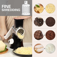 Load image into Gallery viewer, Rotary Cheese Grater Hand Crank Cheese Shredder for Fresh Cheese, Vegetable, Nuts,Non-slip Suction Base, Free Cleaning Brush Three Blades, Black