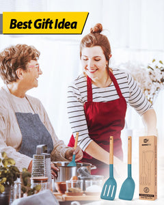 Pack of 2 Silicone Cooking Spatula, Heat Resistant Solid Turner, Non Stick Slotted Spatulas with Wooden Short Handle,Ideal Wood Kitchen Utensils Set for Frying, Baking, Flipping, Turning