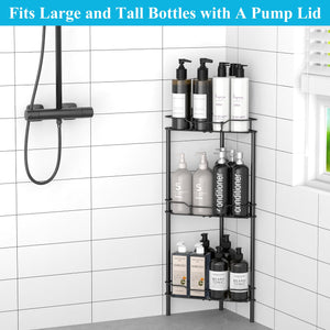 4 Tier Floor Standing Corner Shower Caddy Organizer Shelf with Hooks, Bathroom Shelves Stand Rack, Black