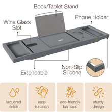 Load image into Gallery viewer, Bathtub Tray Caddy - Premium Bamboo Expandable Bath Tub Tray Table, Luxurious Wooden Bath Caddy for Books, Tablets, Wine, Bathroom Accessories, Spa Essentials, Housewarming, Wedding