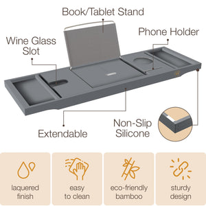 Bathtub Tray Caddy - Premium Bamboo Expandable Bath Tub Tray Table, Luxurious Wooden Bath Caddy for Books, Tablets, Wine, Bathroom Accessories, Spa Essentials, Housewarming, Wedding