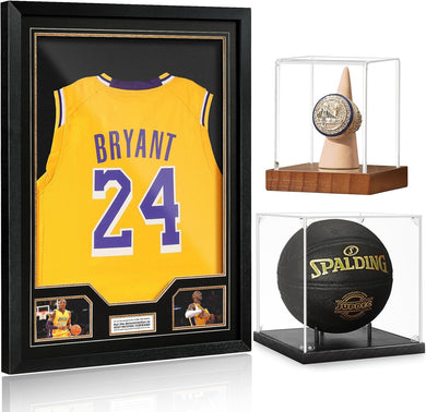 JupDec Jersey Frame & & Basketball & Championship Ring Display Case, Large Clear Acrylic Shadow Box with UV Protection Wooden Showcase, Idea Gift for Sports Fans
