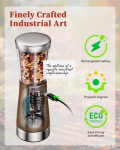 Electric Salt and Pepper Grinder, Stainless Steel Rechargeable Salt and Pepper Grinder Set with 4.5 oz Large Capacity, 1.8" Wide Mouth, Adjustable Coarseness, Ideal for Kitchen