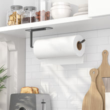 Load image into Gallery viewer, Paper Towel Holder Under Cabinet - Both Available in Adhesive and Drilling - Black Paper Towel Holder Wall Mount - Upgraded Aluminum Paper Towel Rack for Kitchen, Bathroom