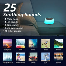 Load image into Gallery viewer, Color Noise Sound Machines with 10 Colors Night Light 25 Soothing Sounds and Sleep White Noise Machine 32 Volume Levels 5 Timers Adjustable Brightness Memory Function for Adults Kids Baby